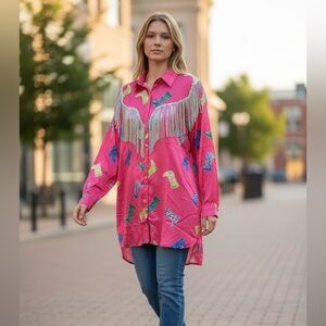 Fantastic Fawn Hot Pink Button-Down Fringe Shirt with Multicolor Boot Prints